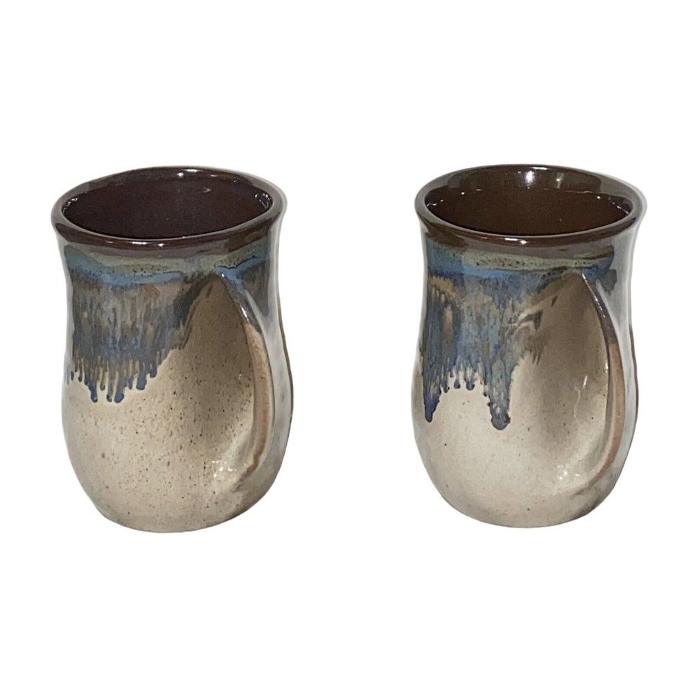 Pottery Mug Hug Right Hand Warmer Brown Blue Drip Glaze 2021 Signed Neher Set